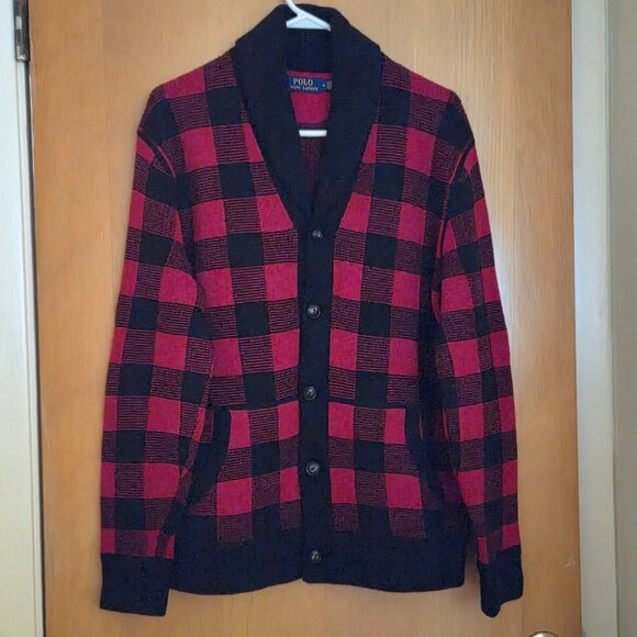 Polo Ralph Lauren Wool Shawl Collar Button Up Cardigan Mens M Buffalo Plaid Red - Picture 1 of 14